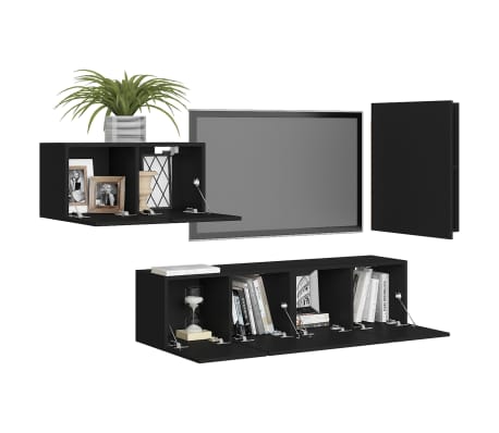 vidaXL Televizoriaus spintelių komplektas, 4 dalių, juodas, mediena