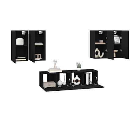 vidaXL Televizoriaus spintelių komplektas, 6 dalių, juodas, mediena