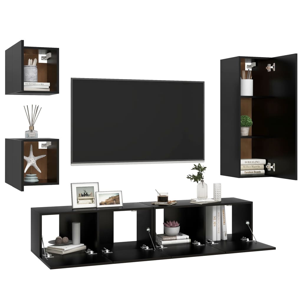 vidaXL 5-delige Tv-meubelset bewerkt hout zwart afbeelding