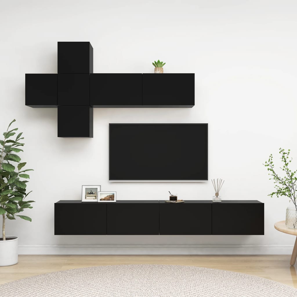 vidaXL Set comodă TV, 7 piese, negru, lemn prelucrat
