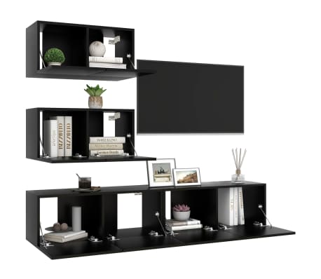 vidaXL Televizoriaus spintelių komplektas, 4 dalių, juodas, mediena