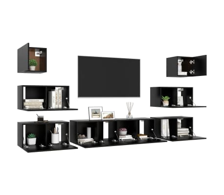 vidaXL TV Cabinet Set Set of 8 Black Engineered Wood Medium