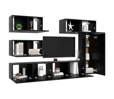 vidaXL Televizoriaus spintelių komplektas, 6 dalių, juodas, mediena