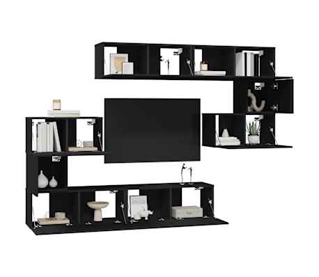 vidaXL Televizoriaus spintelių komplektas, 8 dalių, juodas, mediena