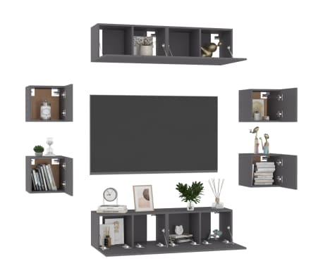 vidaXL Televizoriaus spintelių komplektas, 8 dalių, pilkas, MDP