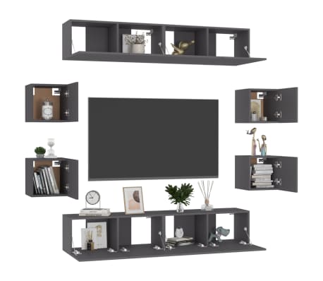 vidaXL Televizoriaus spintelių komplektas, 8 dalių, pilkas, MDP