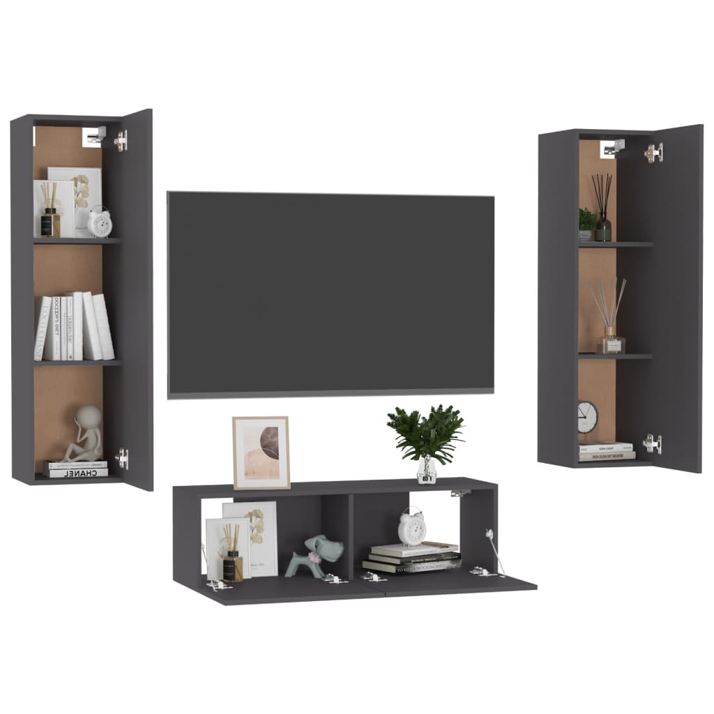 Set dulapuri TV, 3 piese, gri, lemn prelucrat