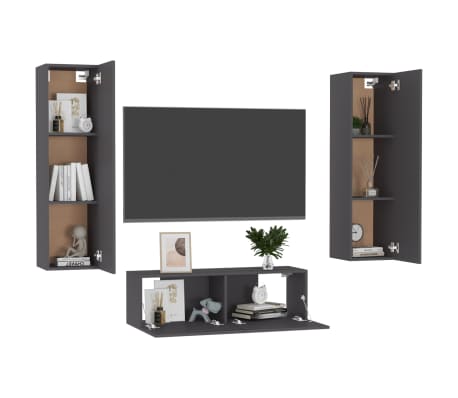 vidaXL Televizoriaus spintelių komplektas, 3 dalių, pilkas, MDP
