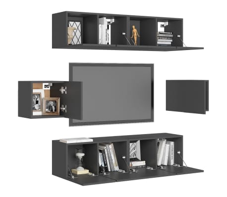 vidaXL Televizoriaus spintelių komplektas, 6 dalių, pilkas, MDP
