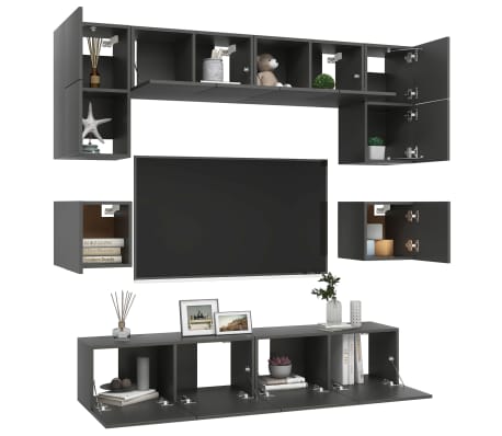 vidaXL Televizoriaus spintelių komplektas, 8 dalių, pilkas, MDP