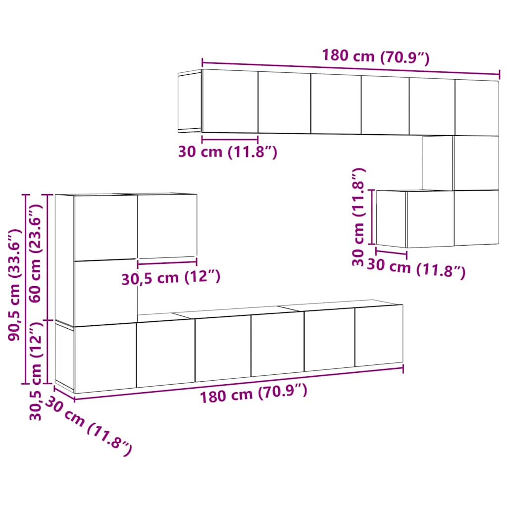 Set dulapuri TV, 10 piese, gri, lemn prelucrat