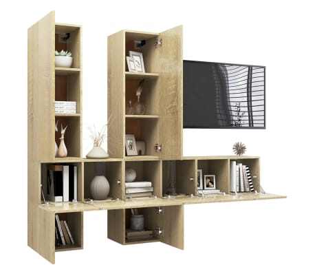 vidaXL 7-cz. zestaw szafek TV, dąb sonoma, płyta wi&oacute;rowa