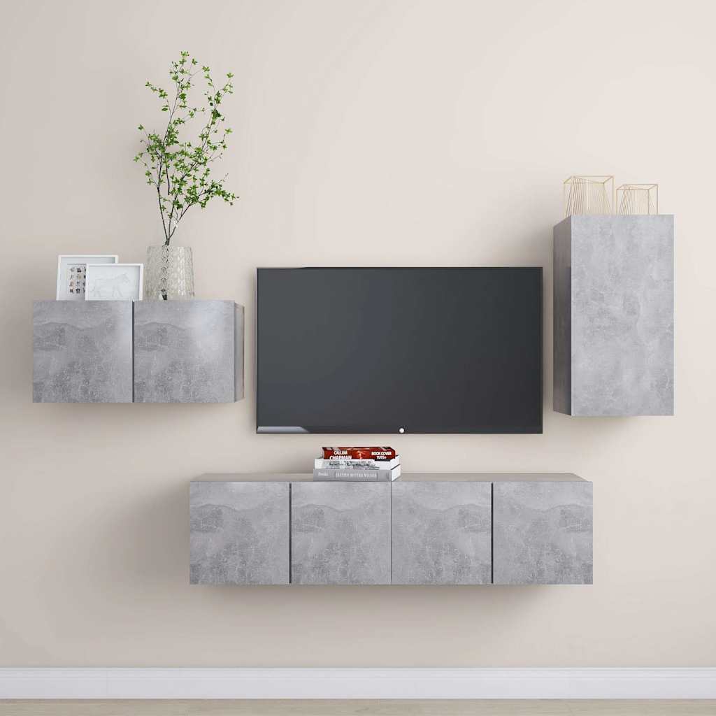 vidaXL 4-cz. zestaw szafek TV, szaro�� betonu, p�yta wi�rowa