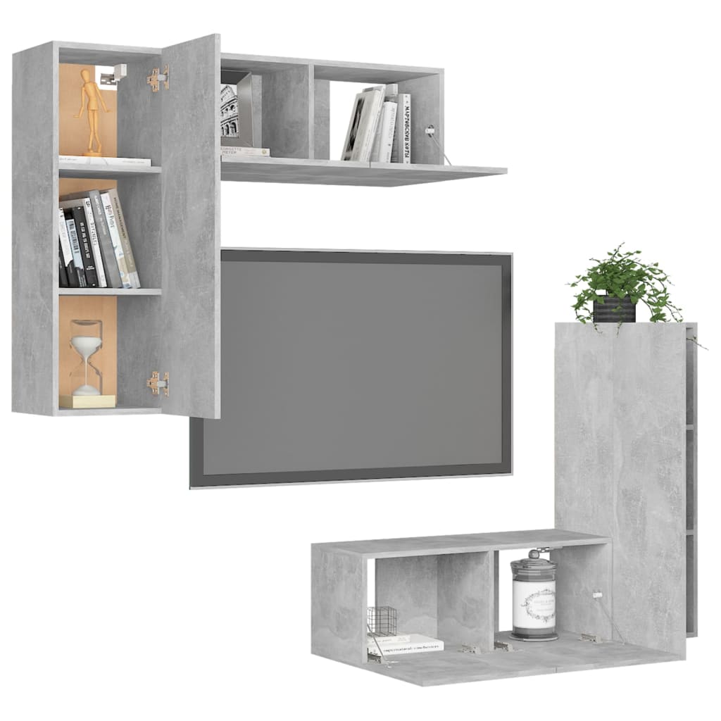 vidaXL Set de dulapuri TV, 4 piese, gri beton, lemn prelucrat