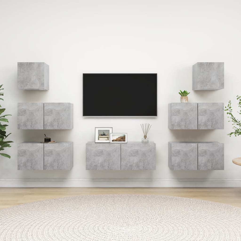 vidaXL Set de dulapuri TV, 7 piese, gri beton, lemn prelucrat beton/