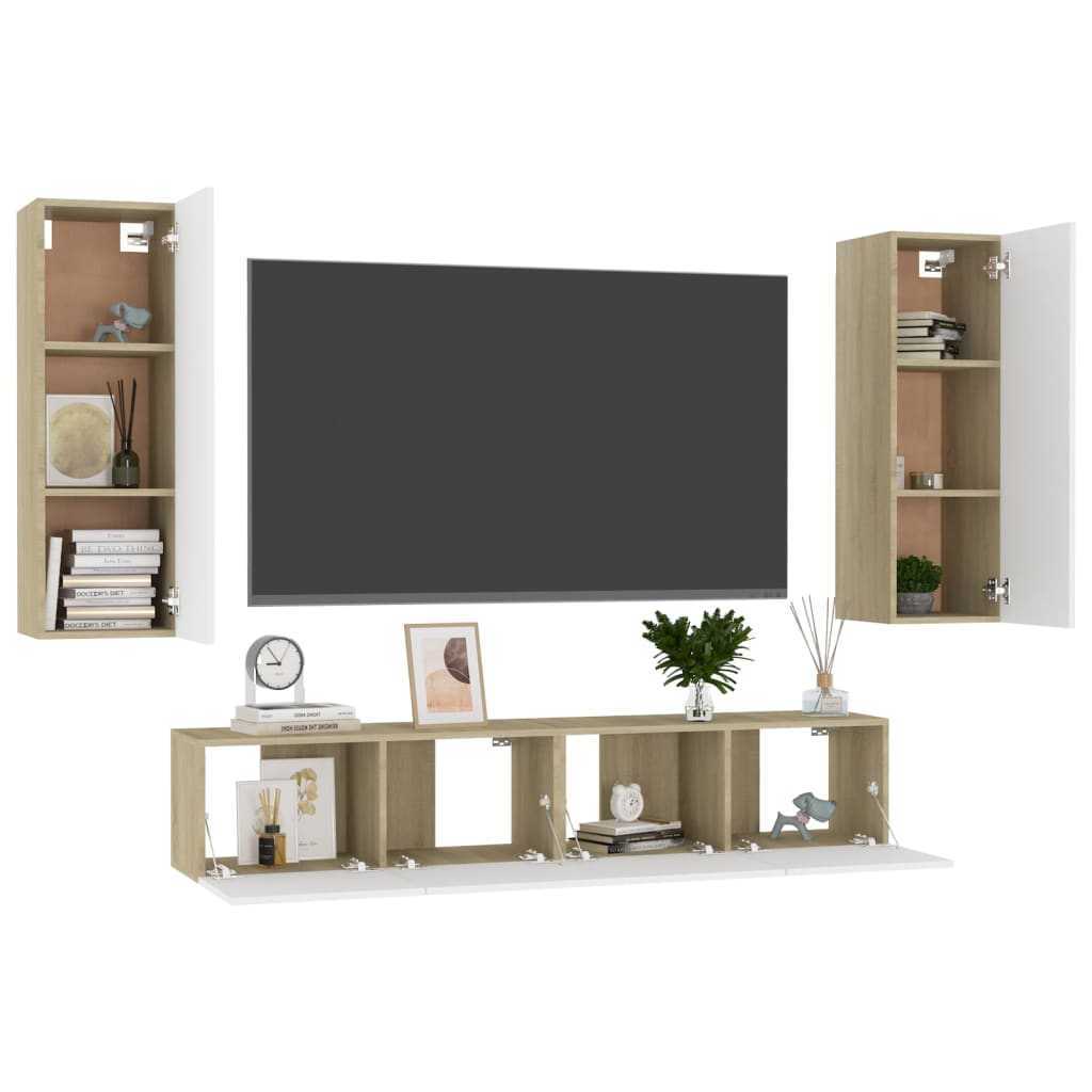 vidaXL 4 Piece TV Stand Set White and Sonoma Oak Engineered Wood