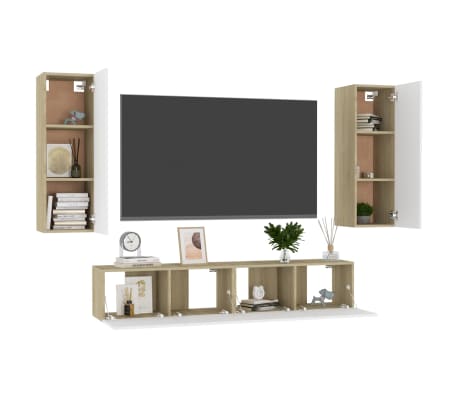 vidaXL 4 Piece TV Stand Set White and Sonoma Oak Engineered Wood