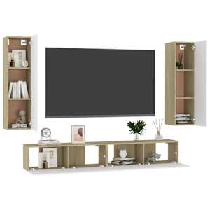 vidaXL Televizoriaus spintelių komplektas, 4 dalių, baltas/ąžuolo, MDP