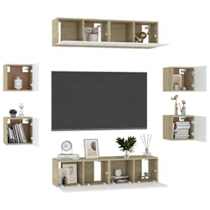 vidaXL Televizoriaus spintelių komplektas, 8 dalių, baltas/ąžuolo, MDP