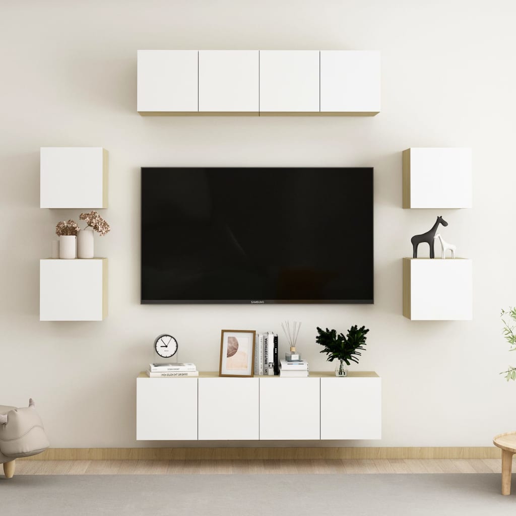8-delige Tv-meubelset spaanplaat wit en sonoma eikenkleurig