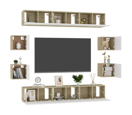 vidaXL TV spintelių komplektas, 10 dalių, baltas/ąžuolo, MDP