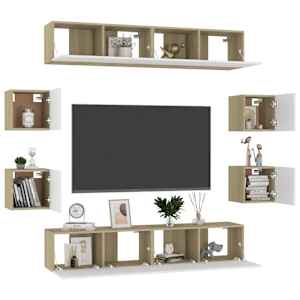 vidaXL Televizoriaus spintelių komplektas, 8 dalių, baltas/ąžuolo, MDP