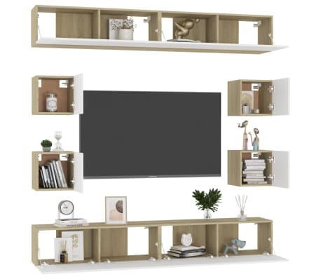 vidaXL Televizoriaus spintelių komplektas, 8 dalių, baltas/ąžuolo, MDP