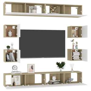 vidaXL Televizoriaus spintelių komplektas, 8 dalių, baltas/ąžuolo, MDP