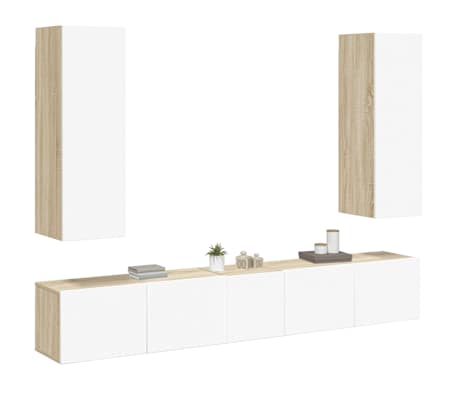 vidaXL Televizoriaus spintelių komplektas, 5 dalių, baltas/ąžuolo, MDP