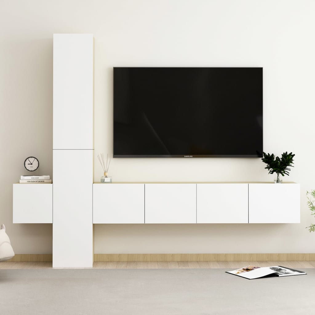 Ensemble de meubles TV 5 pcs Blanc et chêne sonoma Aggloméré | meublestv.fr 2