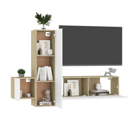 vidaXL 3 Piece TV Stand Set White and Sonoma Oak Engineered Wood