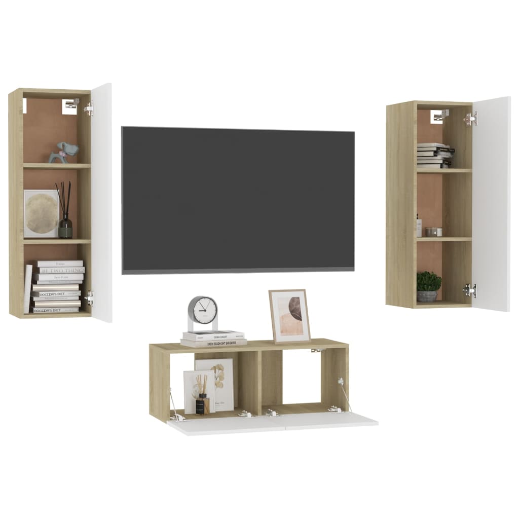 vidaXL 3 Piece TV Stand Set White and Sonoma Oak Engineered Wood