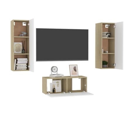 vidaXL 3 Piece TV Stand Set White and Sonoma Oak Engineered Wood