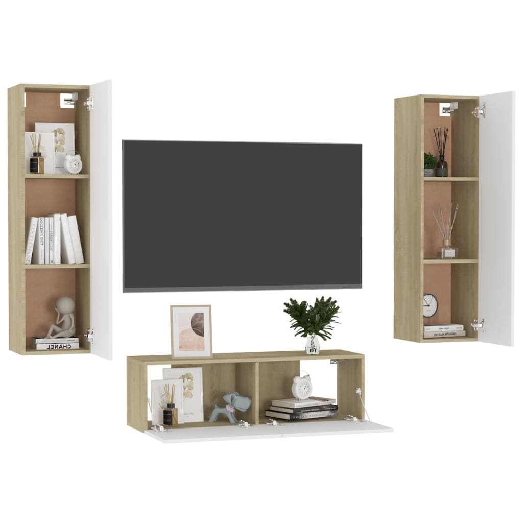 vidaXL 3 Piece TV Cabinet Set White and Sonoma Oak Engineered Wood