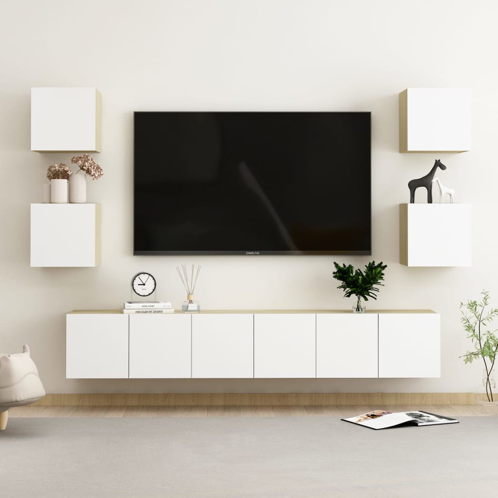 vidaXL 7-delige Tv-meubelset spaanplaat wit en sonoma eikenkleurig