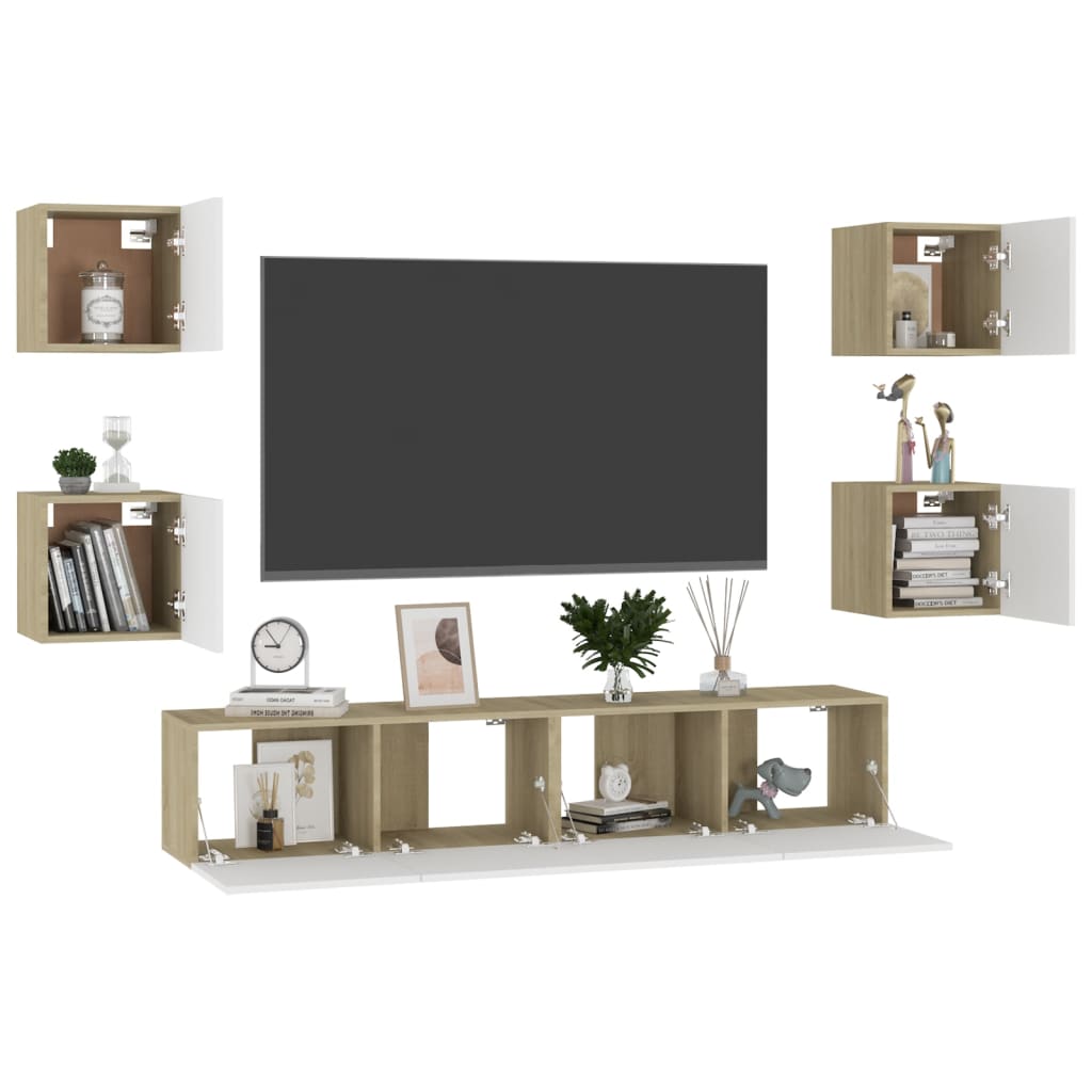 vidaXL 6 Piece TV Stand Set White and Sonoma Oak Engineered Wood
