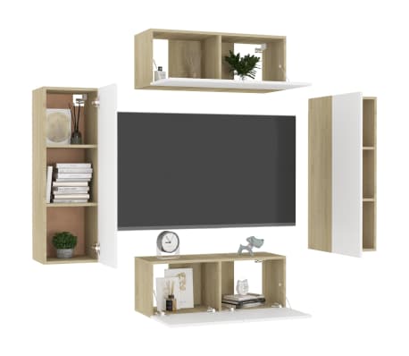 vidaXL 4 Piece TV Stand Set White and Sonoma Oak Engineered Wood