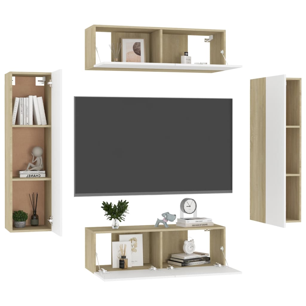

vidaXL 4-delige Tv-meubelset spaanplaat wit en sonoma eikenkleurig