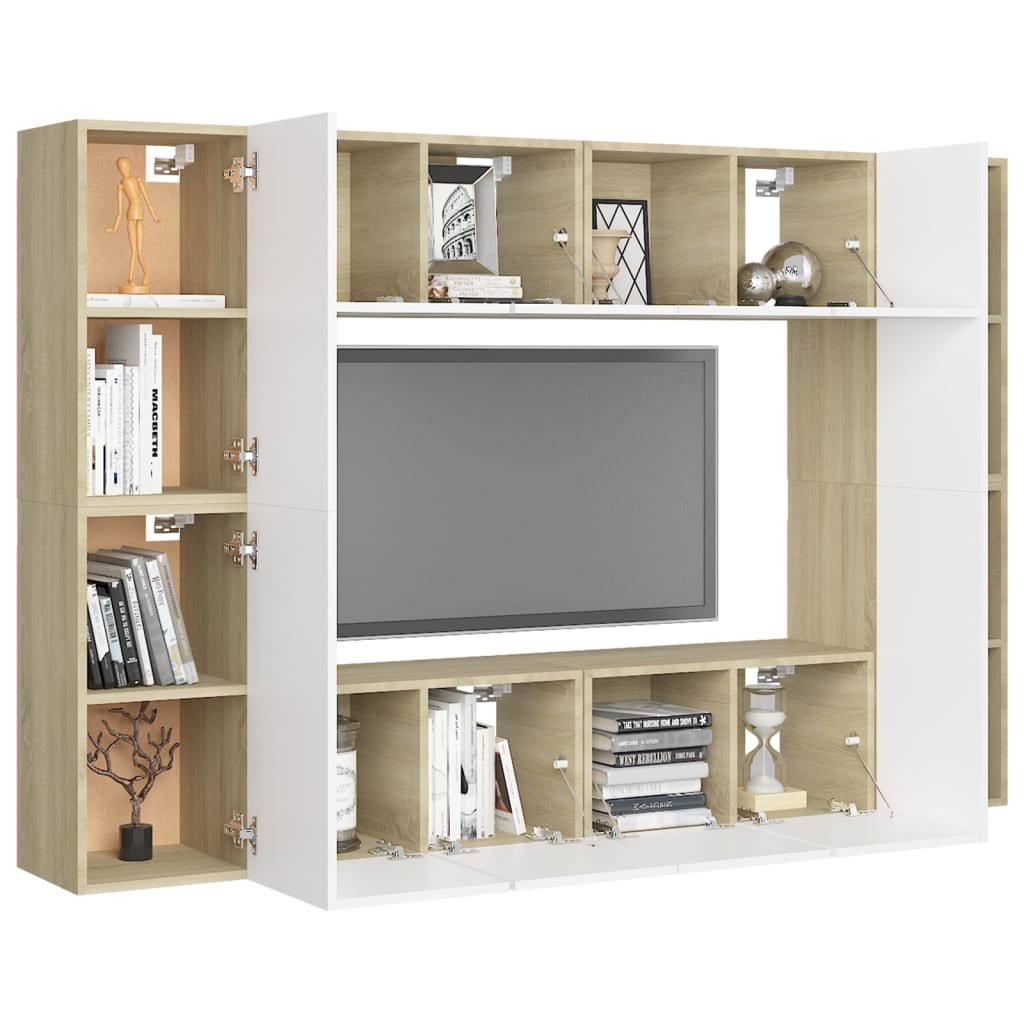 vidaXL 8-tlg. TV-Schrank-Set Weiß Sonoma-Eiche Holzwerkstoff