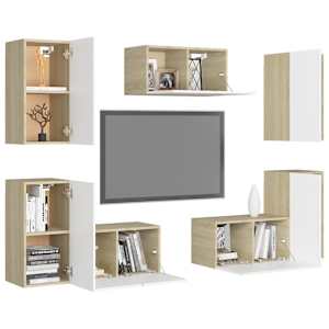 vidaXL Televizoriaus spintelių komplektas, 7 dalių, baltas/ąžuolo, MDP