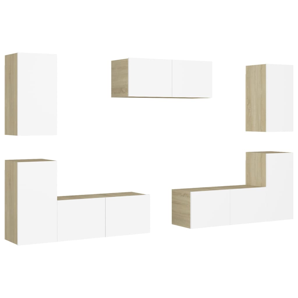 

vidaXL 7 Piece TV Cabinet Set White and Sonoma Oak Chipboard