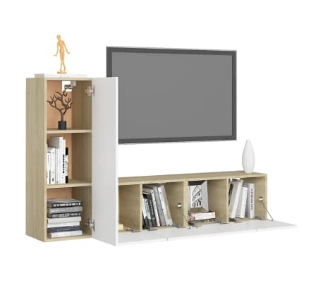 vidaXL Televizoriaus spintelių komplektas, 3 dalių, baltas/ąžuolo, MDP