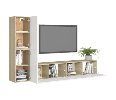 vidaXL 4 Piece TV Stand Set White and Sonoma Oak Engineered Wood