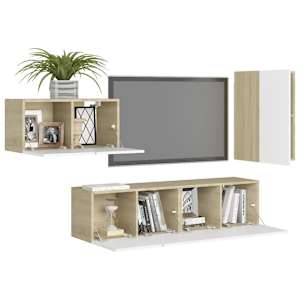 vidaXL Televizoriaus spintelių komplektas, 4 dalių, baltas/ąžuolo, MDP