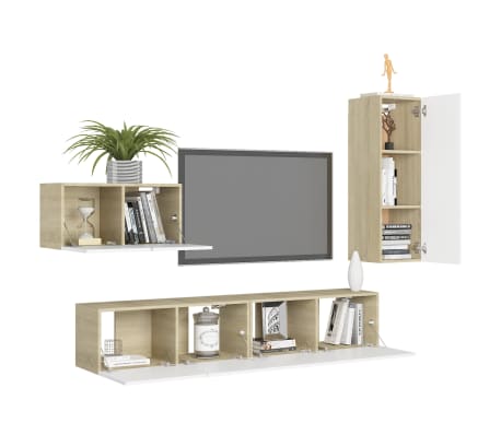 vidaXL Televizoriaus spintelių komplektas, 4 dalių, baltas/ąžuolo, MDP