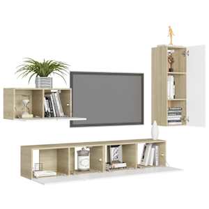 vidaXL Televizoriaus spintelių komplektas, 4 dalių, baltas/ąžuolo, MDP