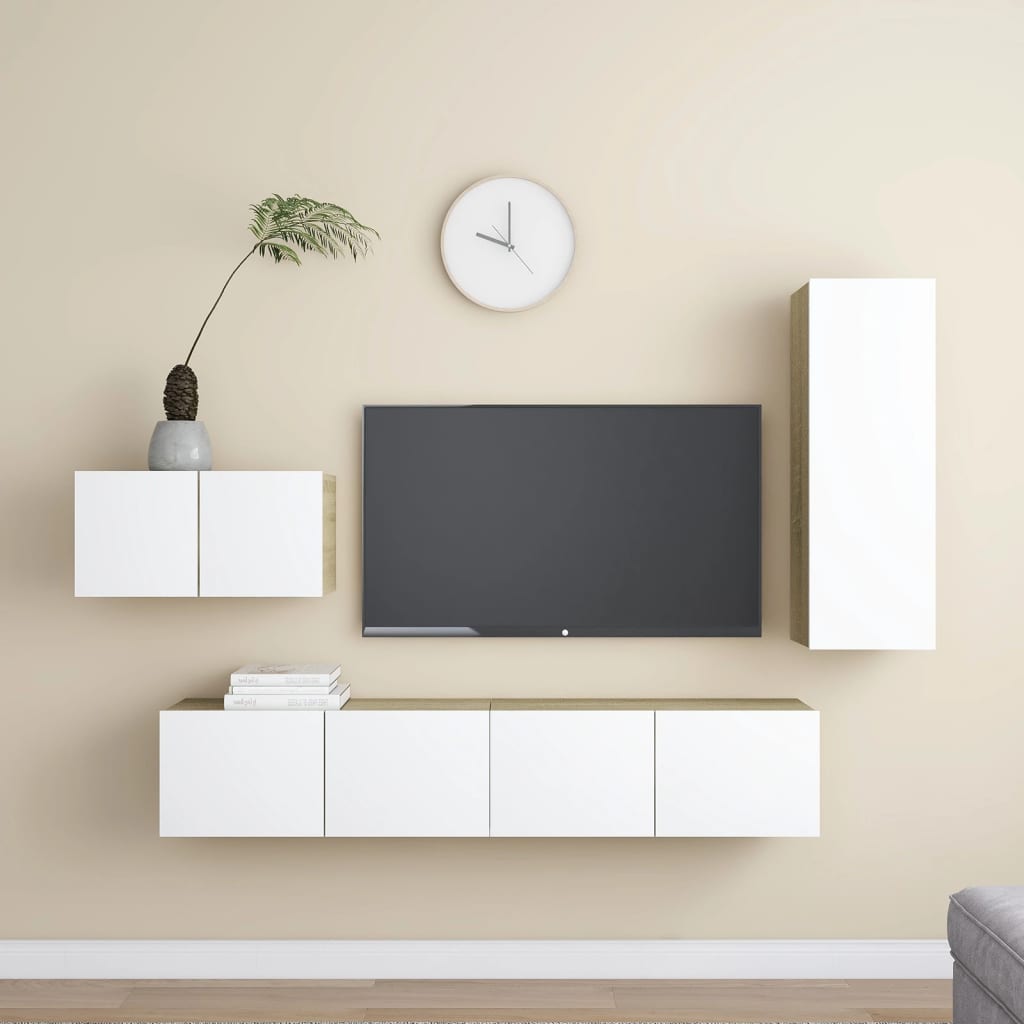 vidaXL Set dulapuri TV, 4 piese, alb și stejar sonoma, PAL vidaxl.ro