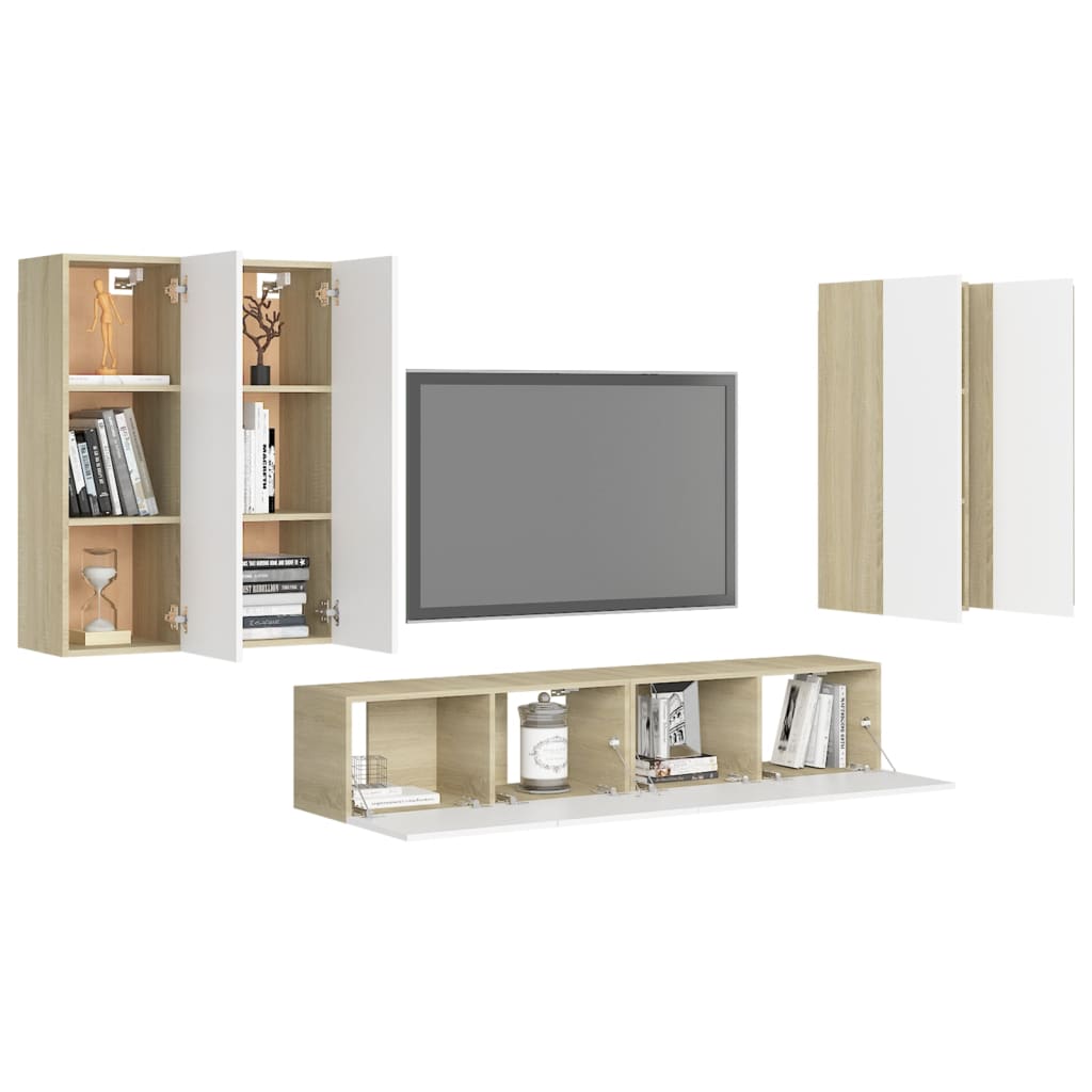 vidaXL 6 részes fehér-sonoma színű forgácslap TV-szekrényszett