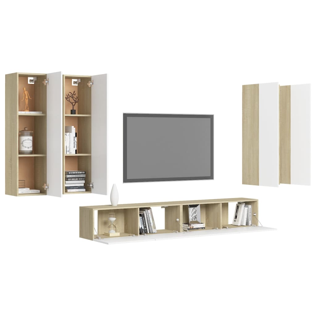 vidaXL Set dulapuri TV, 6 piese, alb și stejar sonoma, lemn prelucrat