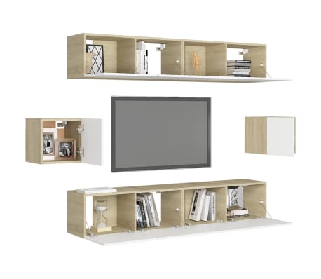 vidaXL Televizoriaus spintelių komplektas, 6 dalių, baltas/ąžuolo, MDP